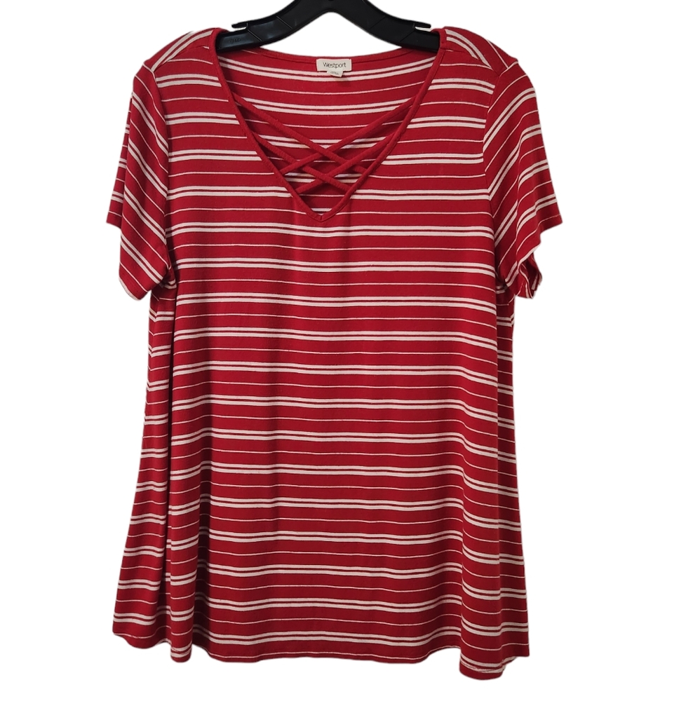 Westport Shirt Womens Size L Red White Top Stretch Striped Casual Ladies